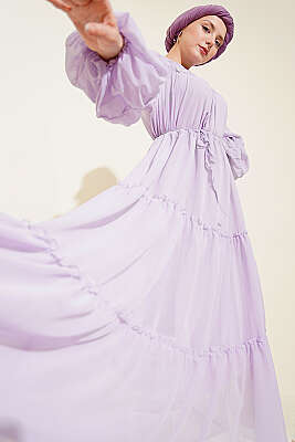 Bilek Lastikli Kat Kat Şifon Elbise Lila - BERAT TEKSTİL