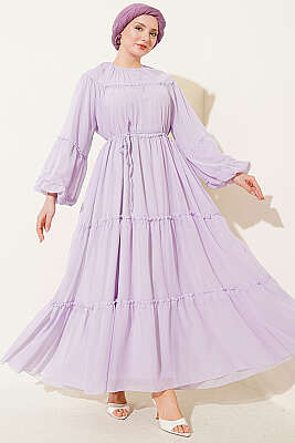 Bilek Lastikli Kat Kat Şifon Elbise Lila - Elbise