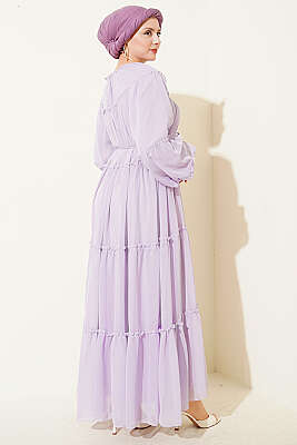 Bilek Lastikli Kat Kat Şifon Elbise Lila - Elbise