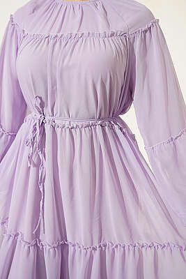 Bilek Lastikli Kat Kat Şifon Elbise Lila - Elbise