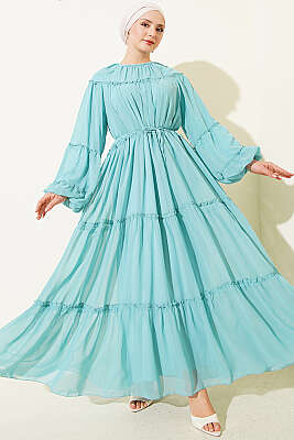 Bilek Lastikli Kat Kat Şifon Elbise Mint - BERAT TEKSTİL