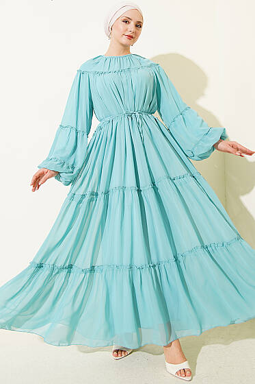 Bilek Lastikli Kat Kat Şifon Elbise Mint - Elbise