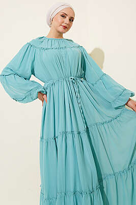 Bilek Lastikli Kat Kat Şifon Elbise Mint - Elbise