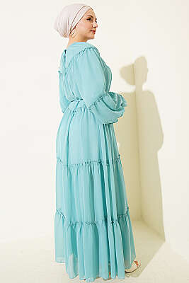 Bilek Lastikli Kat Kat Şifon Elbise Mint - Elbise