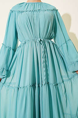 Bilek Lastikli Kat Kat Şifon Elbise Mint - Elbise