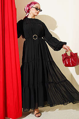 Bilek Lastikli Kat Kat Şifon Elbise Siyah - BERAT TEKSTİL