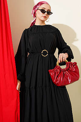 Bilek Lastikli Kat Kat Şifon Elbise Siyah - Elbise