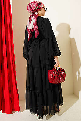 Bilek Lastikli Kat Kat Şifon Elbise Siyah - Elbise