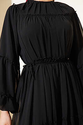 Bilek Lastikli Kat Kat Şifon Elbise Siyah - Elbise