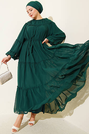 Bilek Lastikli Kat Kat Şifon Elbise Zümrüt - Elbise