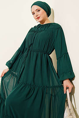 Bilek Lastikli Kat Kat Şifon Elbise Zümrüt - Elbise