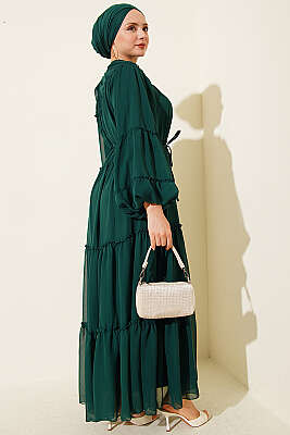 Bilek Lastikli Kat Kat Şifon Elbise Zümrüt - Elbise