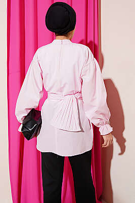 Bilek Lastikli Kuşaklı Poplin Tunik Pembe - Tunik