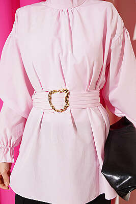 Bilek Lastikli Kuşaklı Poplin Tunik Pembe - Tunik