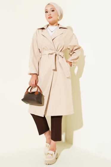 Bilek Lastikli Kuşaklı Trençkot Bej - Trençkot