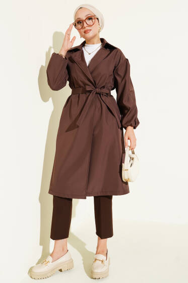 Bilek Lastikli Kuşaklı Trençkot Kahve - Trençkot