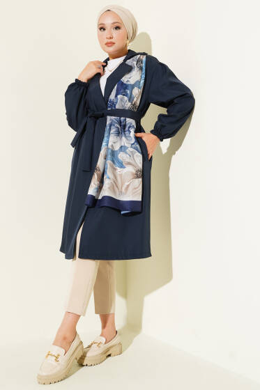 Bilek Lastikli Kuşaklı Trençkot Lacivert - Trençkot