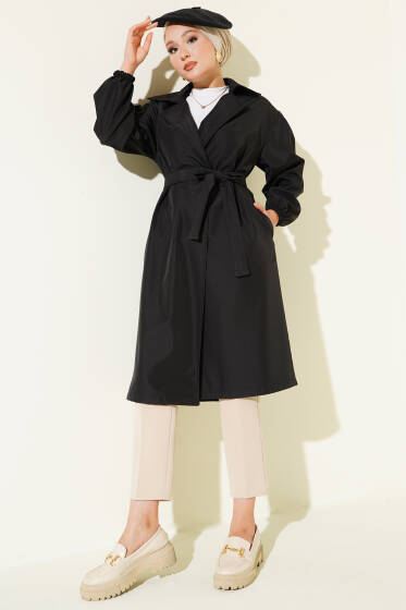 Bilek Lastikli Kuşaklı Trençkot Siyah - Trençkot