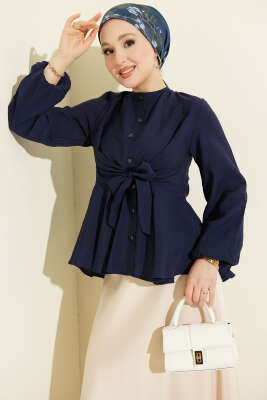 Bilek Lastikli Önü Bağlamalı Gömlek Lacivert - TABLO FASHİON