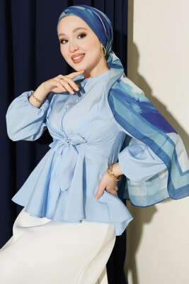 Bilek Lastikli Önü Bağlamalı Gömlek Mavi - TABLO FASHİON