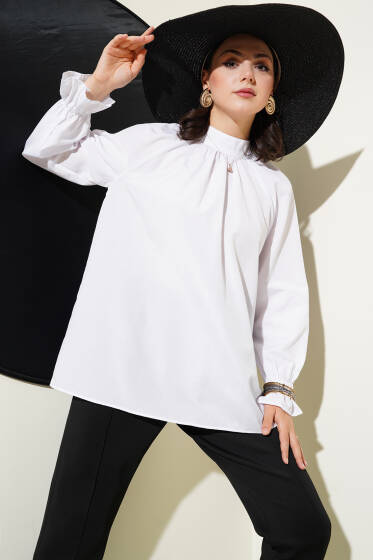 Bilek Lastikli Yaka Pileli Tunik Beyaz - Tunik