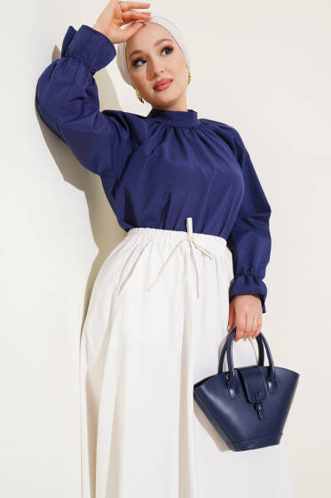 Bilek Lastikli Yaka Pileli Tunik Lacivert - Tunik