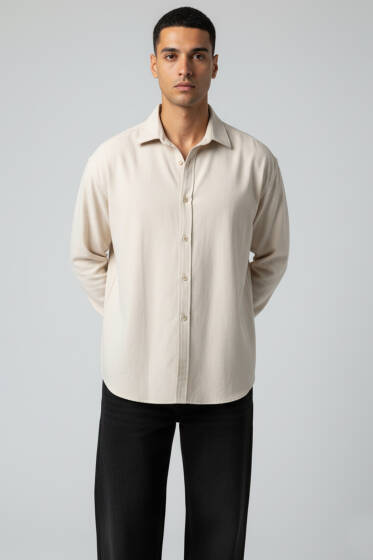 Bilek Manşet Detaylı Erkek Gömlek Bej - Erkek Gömlek