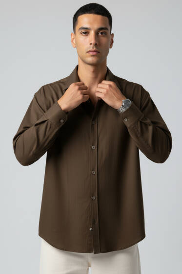 Bilek Manşet Detaylı Erkek Gömlek Kahve - Erkek Gömlek