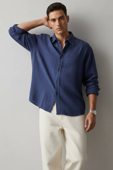 Bilek Manşet Detaylı Erkek Gömlek Lacivert - Erkek Gömlek