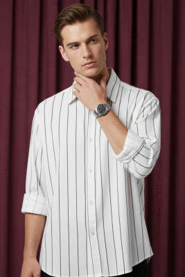 Bilek Manşetli Çizgili Erkek Gömlek Beyaz - GAVAZZİ