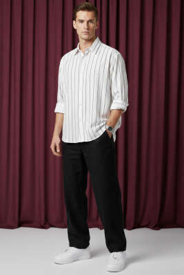 Bilek Manşetli Çizgili Erkek Gömlek Beyaz - Erkek Gömlek