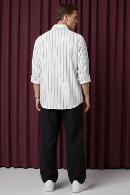 Bilek Manşetli Çizgili Erkek Gömlek Beyaz - Erkek Gömlek
