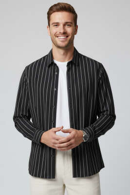 Bilek Manşetli Çizgili Erkek Gömlek Siyah - GAVAZZİ