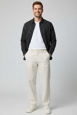 Bilek Manşetli Çizgili Erkek Gömlek Siyah - Erkek Gömlek