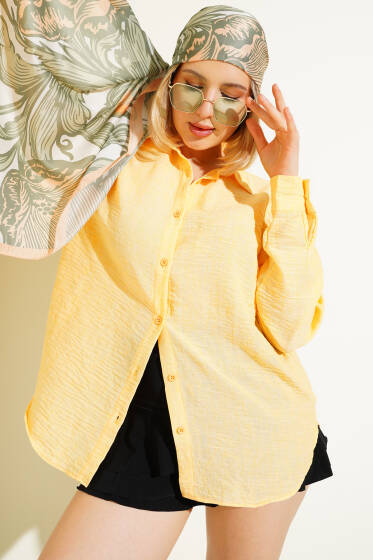 Bilek Manşetli Düğmeli Keten Gömlek Oranj - Kadın Giyim Modelleri