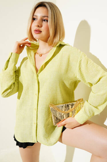 Bilek Manşetli Düğmeli Keten Gömlek Yeşil - Kadın Giyim Modelleri