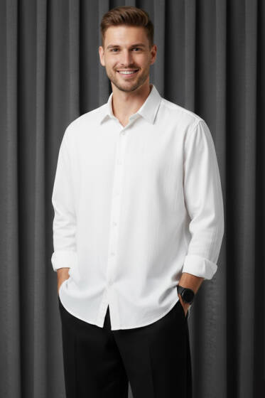 Bilek Manşetli Keten Erkek Gömlek Beyaz - Erkek Gömlek
