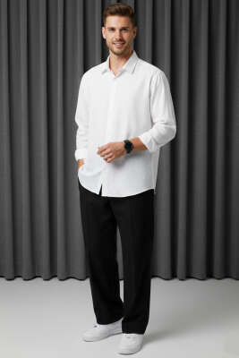 Bilek Manşetli Keten Erkek Gömlek Beyaz - Erkek Gömlek