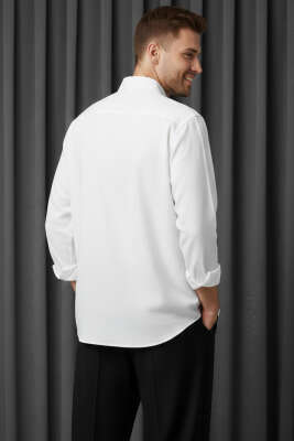 Bilek Manşetli Keten Erkek Gömlek Beyaz - Erkek Gömlek