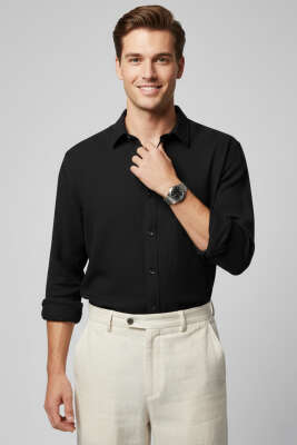 Bilek Manşetli Keten Erkek Gömlek Siyah - GAVAZZİ