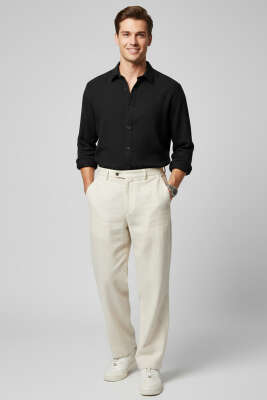 Bilek Manşetli Keten Erkek Gömlek Siyah - Erkek Gömlek