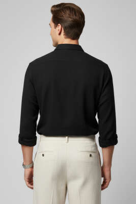 Bilek Manşetli Keten Erkek Gömlek Siyah - Erkek Gömlek