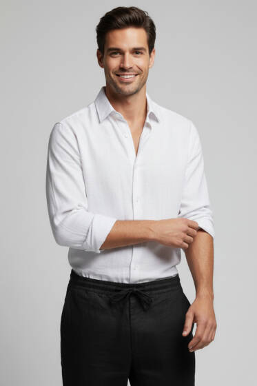 Bilek Manşetli Tensel Erkek Gömlek Beyaz - Erkek Gömlek