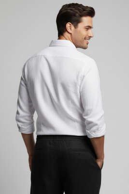 Bilek Manşetli Tensel Erkek Gömlek Beyaz - Erkek Gömlek