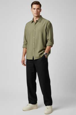 Bilek Manşetli Tensel Erkek Gömlek Haki - Erkek Gömlek