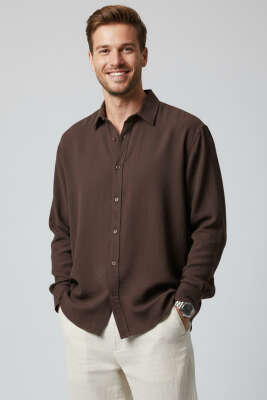 Bilek Manşetli Tensel Erkek Gömlek Kahve - DEEP POİNT