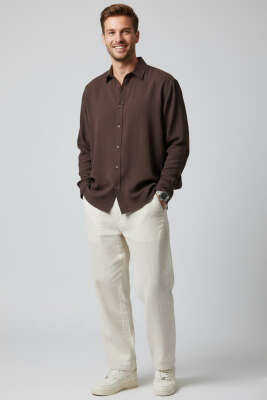 Bilek Manşetli Tensel Erkek Gömlek Kahve - Erkek Gömlek