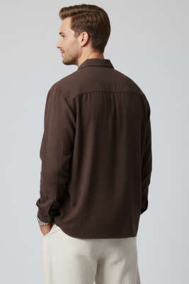 Bilek Manşetli Tensel Erkek Gömlek Kahve - Erkek Gömlek
