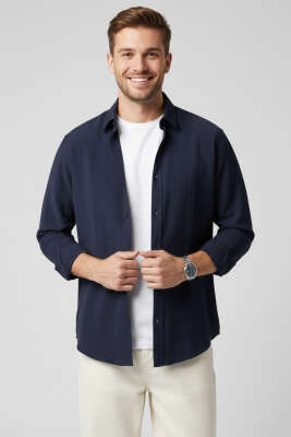 Bilek Manşetli Tensel Erkek Gömlek Lacivert - DEEP POİNT