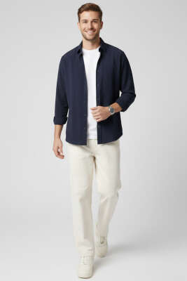 Bilek Manşetli Tensel Erkek Gömlek Lacivert - Erkek Gömlek